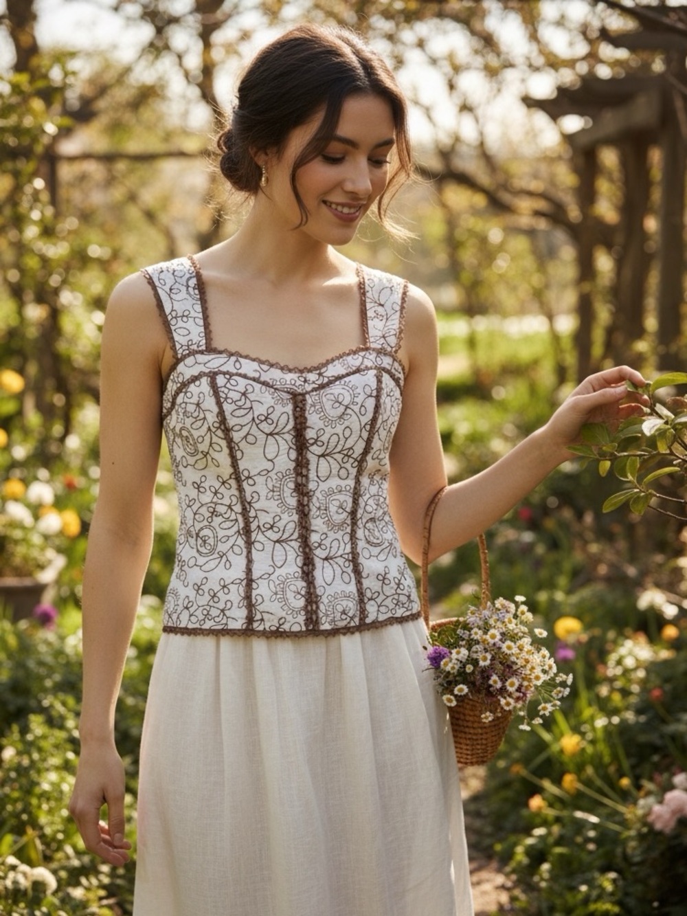 Floral Embroidered Square-Neck Camisole in White and Brown